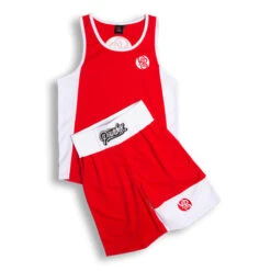 Powrbox Powrlight V1- Amateur Boxing Competition Shorts/ Singlet Set -Thefightfactory Shop PowrlightV1 AmateurBoxingCompetitionShorts SingletSet Red FRONT